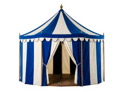 A vintagestyle blue and white striped circus tent or marquee pavilion with a wooden floor and decorative finials, isolated on transparent background