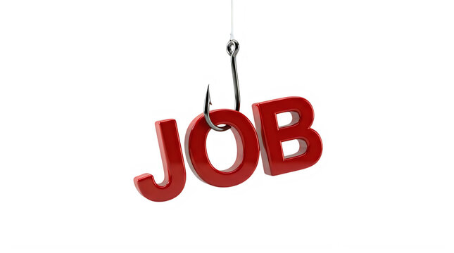 3d illustration of the word job hanging on a fishing hook isolated on transparent background