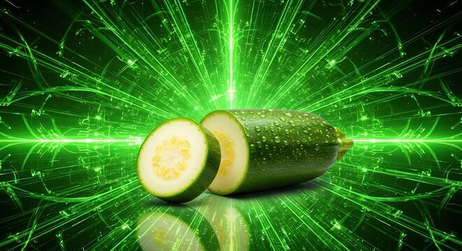 Fresh zucchini sliced against neon green energy light burst background with zucchini vegetable abstract
