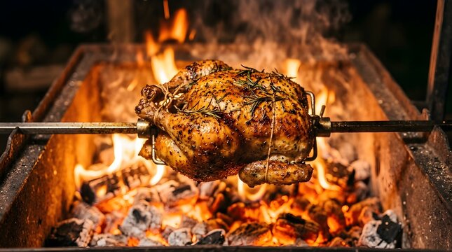 Delicious whole roasted chicken with herbs on a rotating spit over flaming charcoal grill.