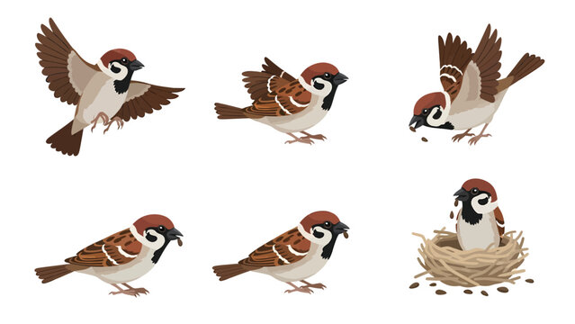 Set of six illustrations of sparrows in various poses, including flying, perched, and in a nest.