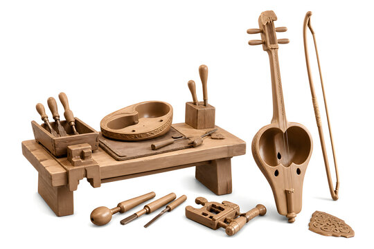 Traditional Kobyz Crafting Tools with Curved Wooden Instrument Body