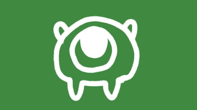 Friendly one-eyed alien monster mascot hand-drawn cartoon graphic with chalk outline cute cyclops icon and creative virtual assistant avatar symbol isolated on green screen background.