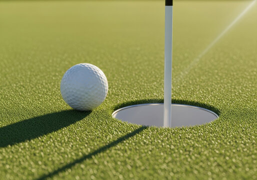 White golf ball resting perfectly on edge of putting green hole with pin pole sticking out in soft sunlight against green grassy background.