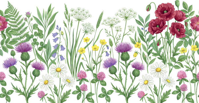 Watercolor style vector illustration of a seamless horizontal border pattern featuring wild meadow flowers, poppies, daisies, and thistles on white background.