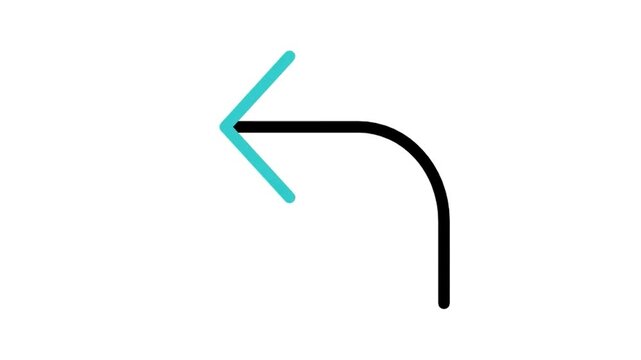 Animated curved arrow turning left icon loop motion graphic, navigation direction and road sign symbol, isolated on white background