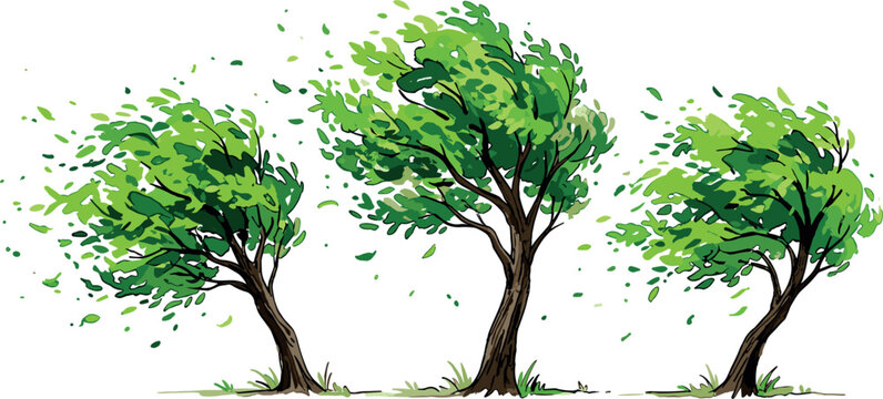 Green windy trees vector illustration set blowing in strong storm weather with falling leaves isolated on white background.
