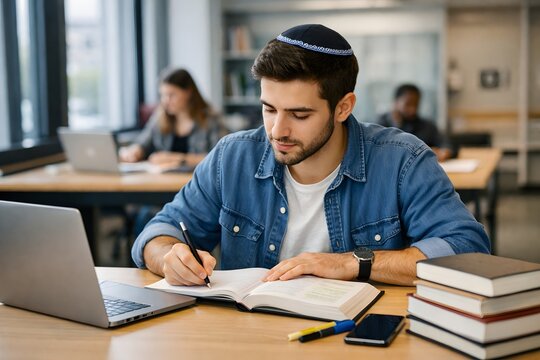 Young Jewish man wearing kippah studying in library with laptop and books