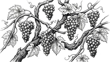 Detailed hand drawn line art vector illustration of a grapevine branch border with hanging grape bunches and leaves on white background. © MdArif