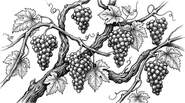 Detailed hand drawn line art vector illustration of a grapevine branch border with hanging grape bunches and leaves on white background.