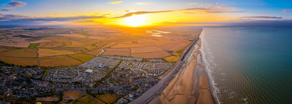 Camber Sands Caravan Parks Aerial View at Sunset in East Sussex England