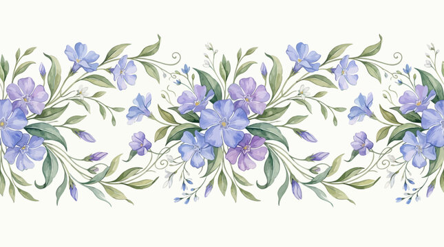 Watercolor periwinkle floral border with green leaves on white background.