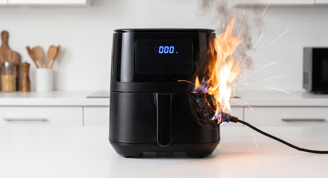 Air fryer electrical cord burning with intense flames and smoke.