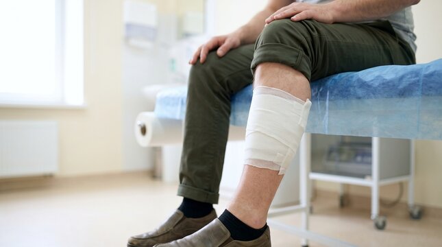 Patient with bandaged leg sitting on a medical examination table in a hospital clinic after injury or surgery treatment and rehabilitation process.