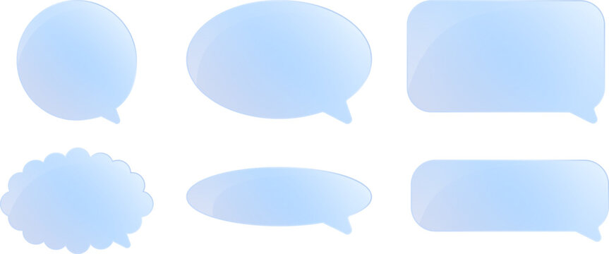 Glass chat clouds for dialog boxes. Crystal blue speech bubbles isolated on transparent background