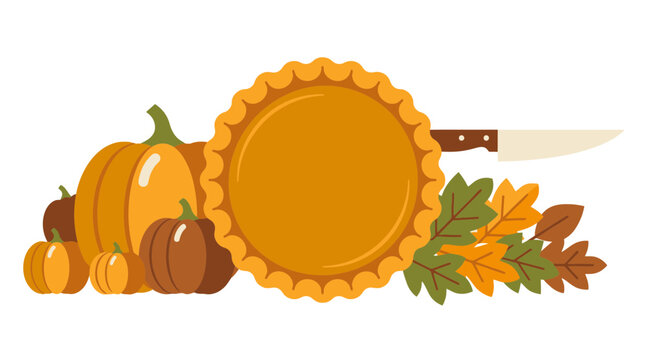 Thanksgiving Pumpkin Pie with Autumn Leaves and Knife