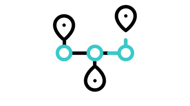 Animated multi-stop route map pins icon loop motion graphic, trip itinerary location points and delivery tracking symbol, isolated on white background