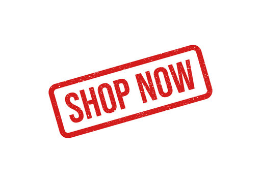 Red shop now button with stamp style border isolated on transparent background