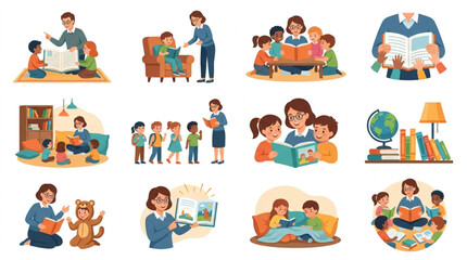 Fototapeta premium Family and children reading books together in cozy settings.