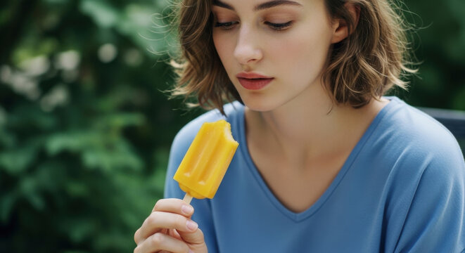 Young woman enjoying eating delicious mango ice cream popsicle during summer day outdoors while wearing blue top with natural green foliage.