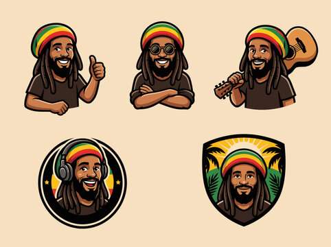 Reggae man mascot logo set. Rastafarian character icons with dreadlocks and tam hat.