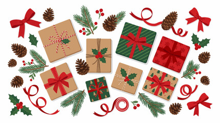 Obraz premium Festive Christmas Gifts and Decorations Including Pine Cones Holly Berries and Pine Needles