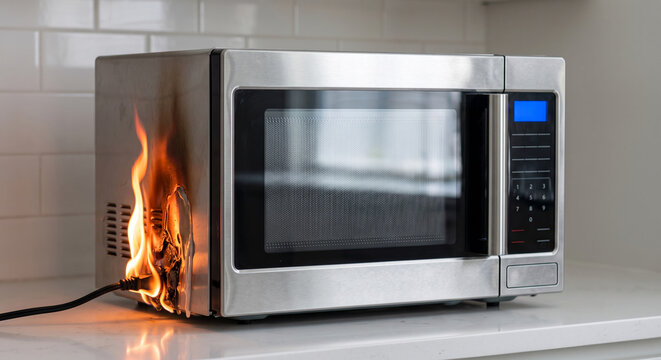Stainless steel microwave oven with fire coming from power cord connection.