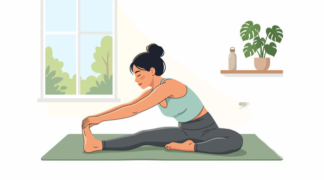 Woman performing Janu Sirsasana yoga pose for flexibility and relaxation indoors near a window with greenery outside