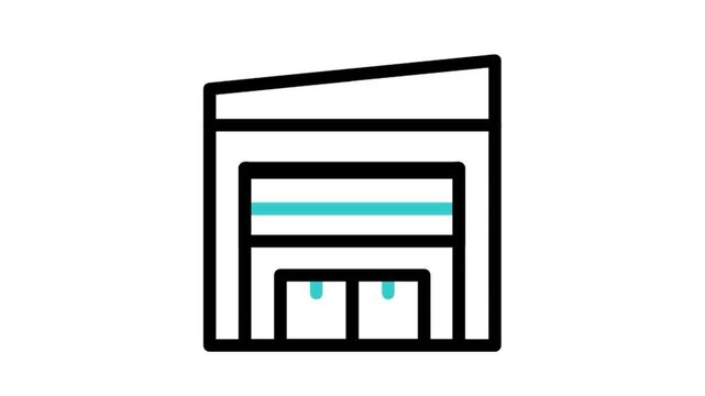 Animated warehouse building with roller door icon loop motion graphic, garage storage and logistics depot symbol, isolated on white background