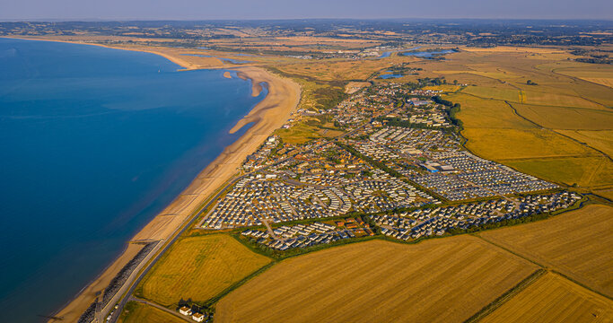 Camber Sands Aerial View with Caravan Parks and Coast in East Sussex England