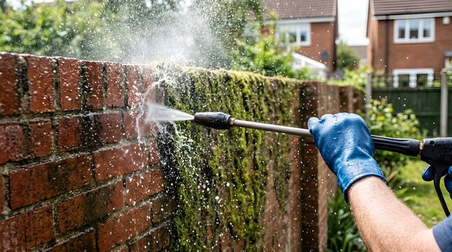 Professional worker cleaning moss and dirt from a red brick wall using a high-pressure water washer