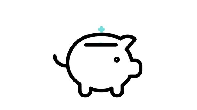 Animated piggy bank with coin drop icon loop motion graphic, money savings and finance investment symbol, isolated on white background