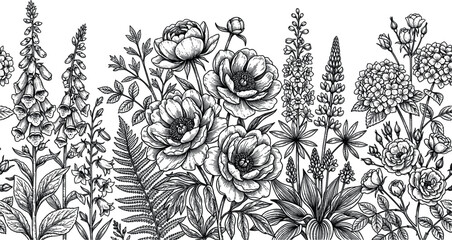 Hand drawn wild flowers horizontal border seamless vector background with engraved vintage sketch of peony lupine foxglove rose fern and hydrangea leaves © MdArif