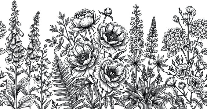 Hand drawn wild flowers horizontal border seamless vector background with engraved vintage sketch of peony lupine foxglove rose fern and hydrangea leaves