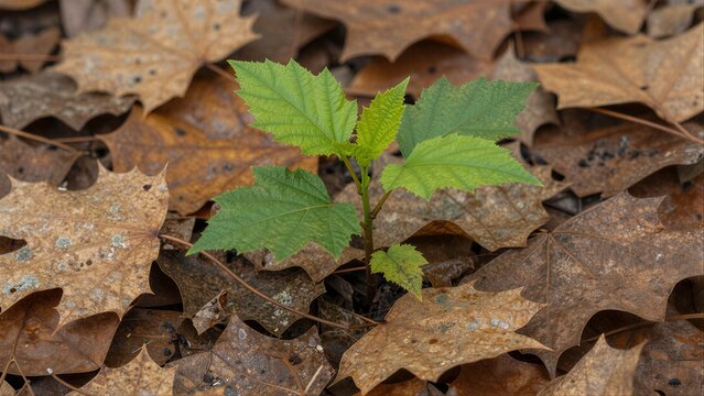 Tiny green sapling emerges from brown, fallen leaves in autumn forest floor.