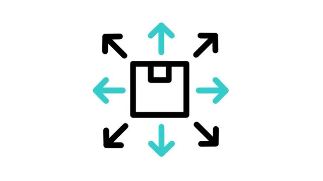 Animated delivery parcel package with multi-directional arrows icon loop motion graphic, logistics distribution and shipping cargo symbol, isolated on white background