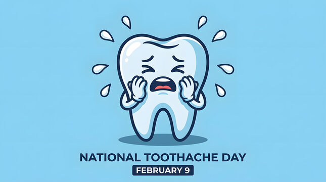 Cartoon tooth character expressing pain with tears and droplets on national toothache awareness day with clutching face exaggerated pain surrounded falling droplets
