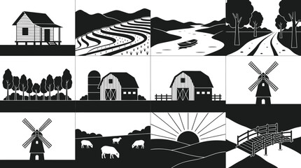 Obraz premium Countryside Farm Life and Nature Scenery Vector Set