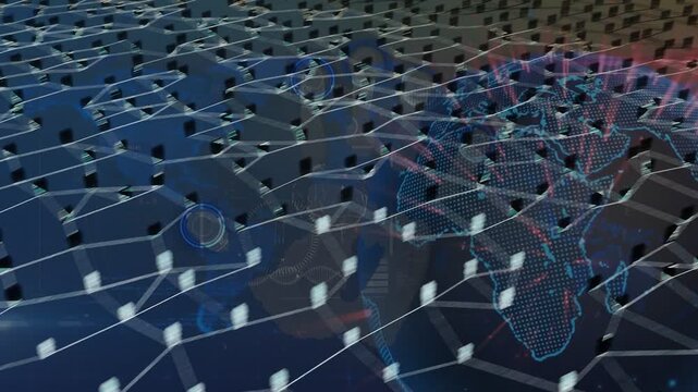Dark globe showing nodes appearing, forming mesh as human icons growing, showing global links