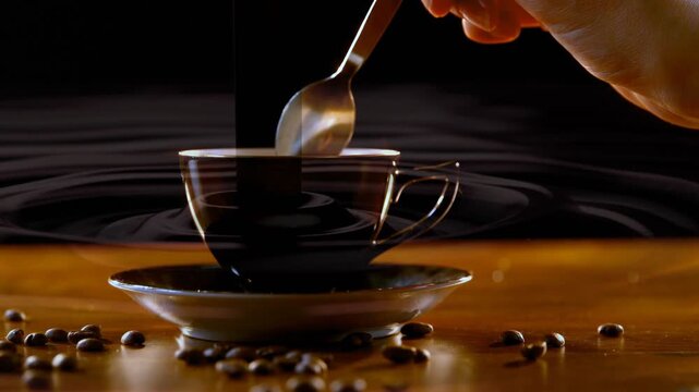 Right hand entering frame and stirring black cup with metal teaspoon, creating concentric ripples
