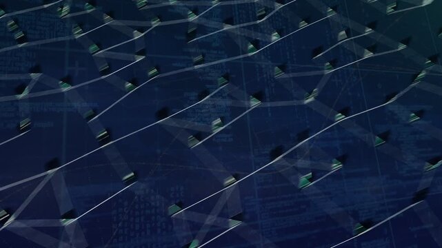 Center silhouette switching to glow, spreading along mesh while camera zooming out, mapping network