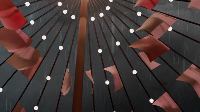 Wind gusts and rain sparking canopy red-pink fragments twisting drifting toward pole lights steady