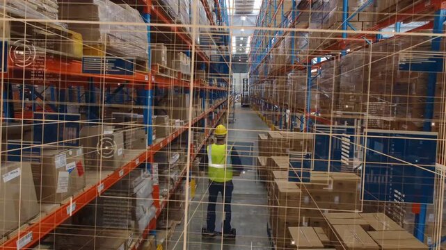 Worker stepping onto stand-on device initiating guided inventory scan, HUD overlay guiding route