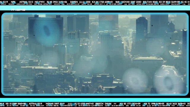 HUD activating and rings drifting while haze thinning, skyline revealing details for monitoring