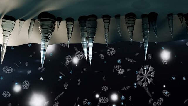 Soft light orbs appearing, row of icicles catching light while snowflakes drifting creating depth