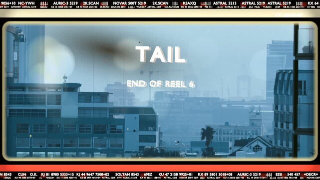 Title TAIL showing as codes scrolling, bar passing, bokeh drifting, dust shifting, marking reel end