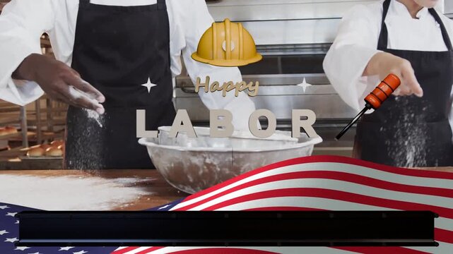 Bakers dusting flour and mixing dough, overlay appearing over bakers with hard hat for Labor Day