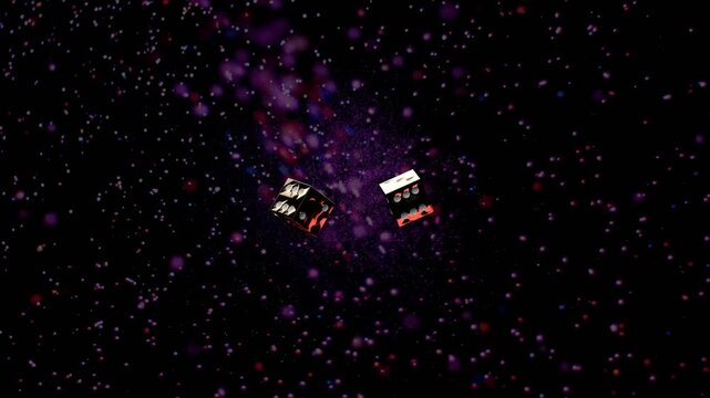 Initial spin sending two dice rotating inward, aligning side by side to pair near purple nebula