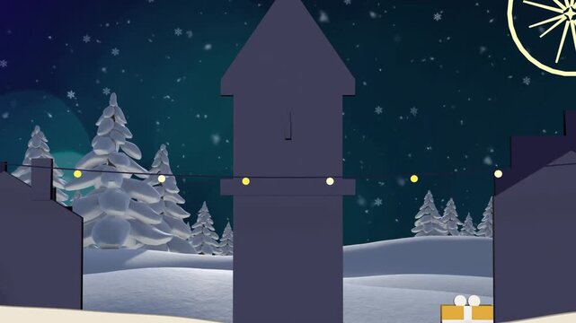Scene opening, bulb string appearing and lighting left-to-right, star placing, decorating tower