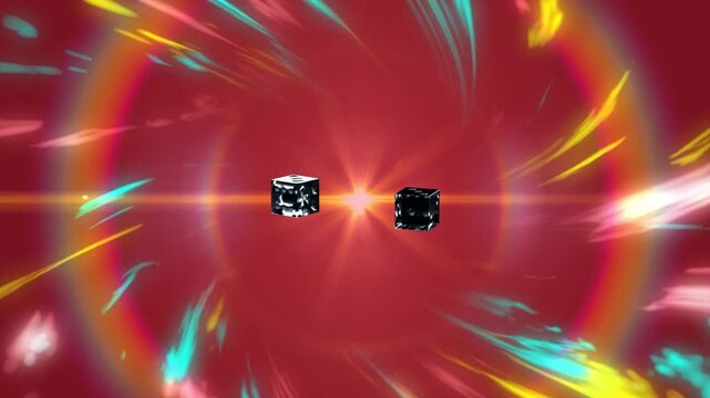 Central glow pulsing triggers two shiny cubes rotating and drifting apart, aligning to flank glow